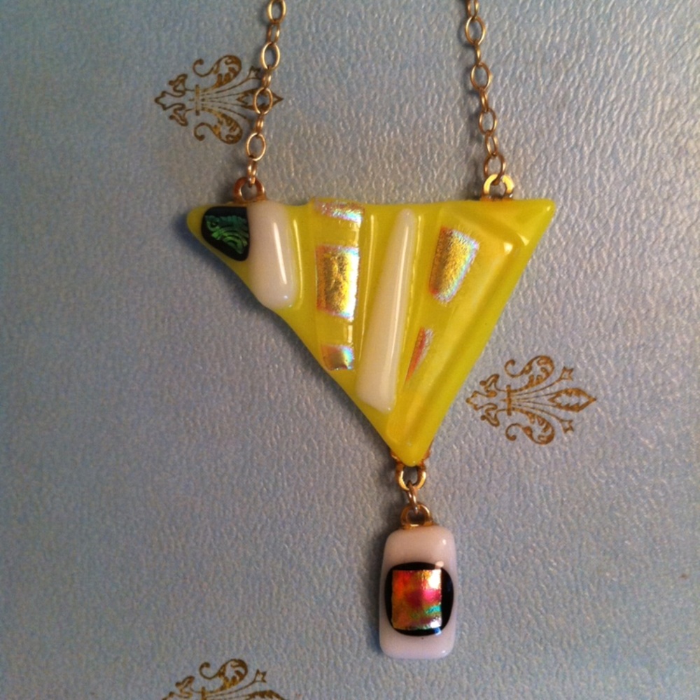 Spooky season candy corn necklace handmade dichroic glass Halloween Fall Autumn
